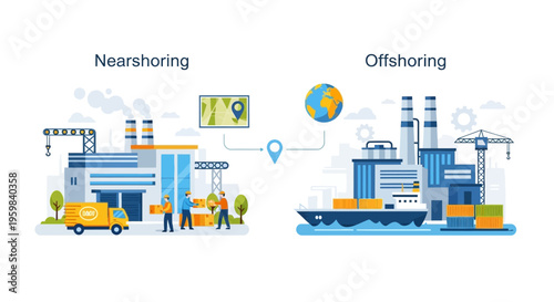 Nearshoring vs Offshoring Business Strategy Illustration: Global Manufacturing, Supply Chain Logistics, and Production Models