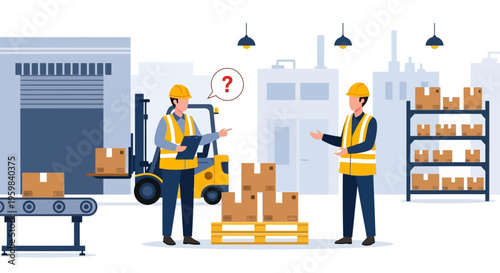 Warehouse Logistics Problem Solving: Industrial Workers Discussing Inventory Management and Supply Chain Challenges with Forklift and Boxes