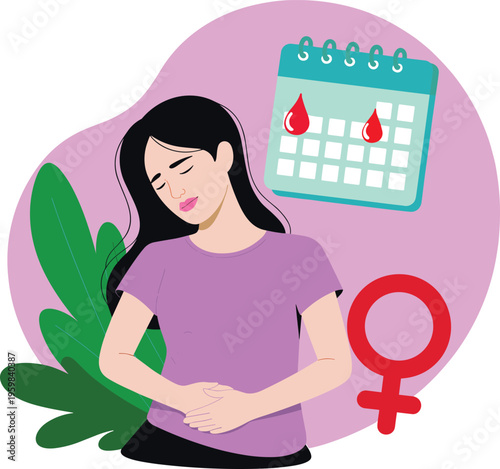 Menstrual cycle concept illustration, woman abdominal pain, period calendar reminder, female health awareness, reproductive system symbol, healthcare education vector design