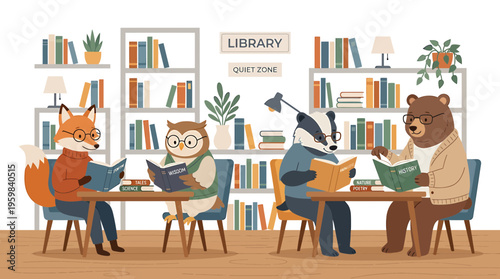Anthropomorphic animals reading books in a cozy library, educational concept.