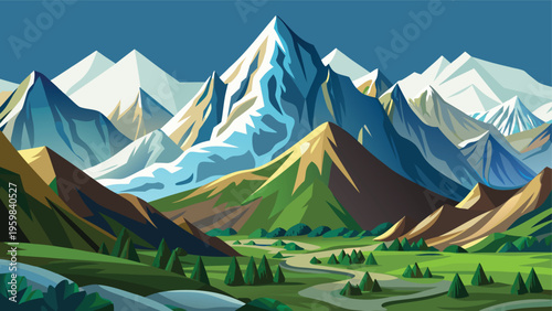 A vibrant digital illustration of majestic snow capped mountains overlooking a lush green valley