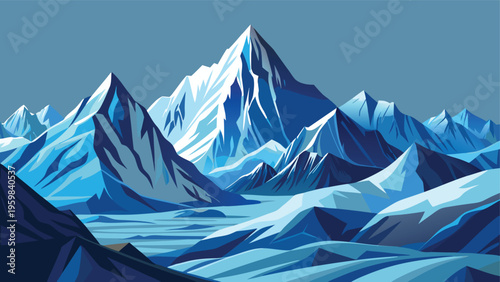 A breathtaking illustration of majestic snow covered mountain peaks under a clear blue sky scene