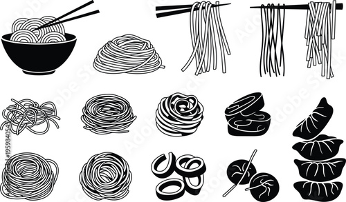 Noodles dumplings illustration, chopsticks bowl rack pile, Asian cuisine food art, black white design, cultural culinary symbols, traditional meal drawing