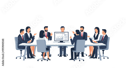 Flat minimalist illustration of financial performance review meeting