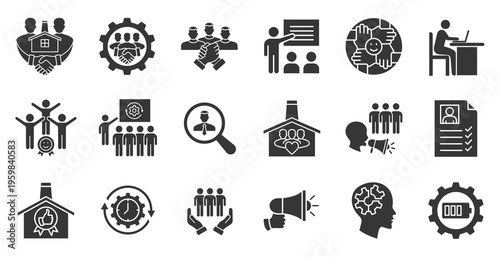Onboarding glyph icon set. Contain employee onboarding, new hire, training, orientation, documentation, process, compliance, time management, gap skill, evaluation, people engagement, communication