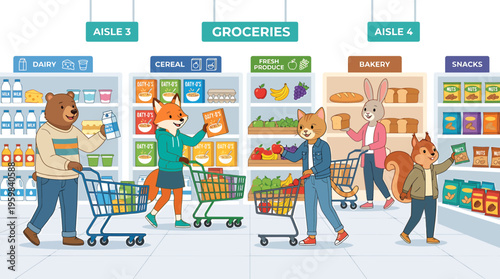 Anthropomorphic Animals Shopping for Groceries in a Supermarket Aisle