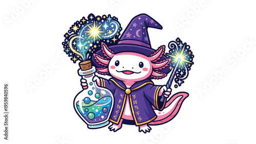 Axolotl Sorcerer Vector Sticker, Cute Salamander Wizard with Magic Wand and Stars
