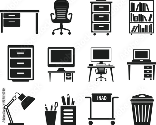 Office furniture supplies illustration, desk chair filing cabinet bookshelf, computer lamp cart bin, black white workplace design, business equipment icons