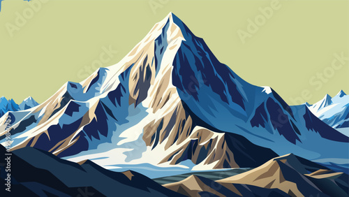 A stylistic digital illustration of a majestic snow capped mountain peak under a clear pale sky
