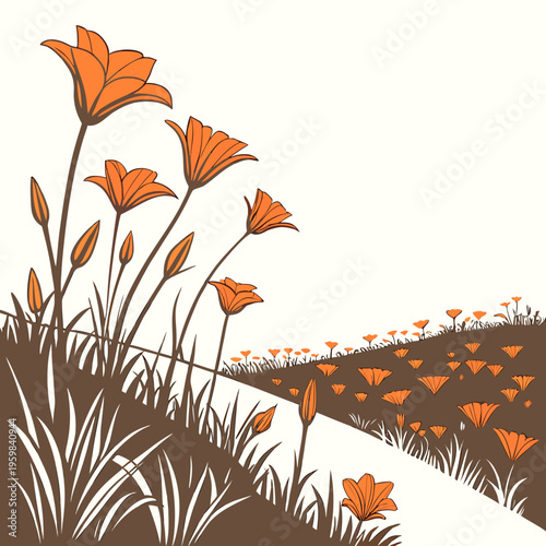 Orange flowers on a hillside grass plants