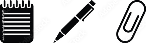 Office supply icons, spiral notepad, ballpoint pen, paperclip illustration, black white design, education stationery, productivity tools, business organization art