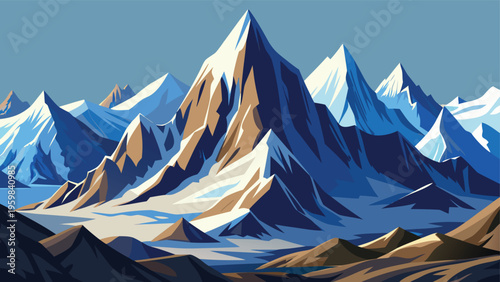 A digital illustration featuring a majestic range of snow capped mountains under a clear blue sky