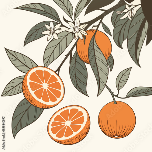 Orange tree branch with oranges and leaves flowers