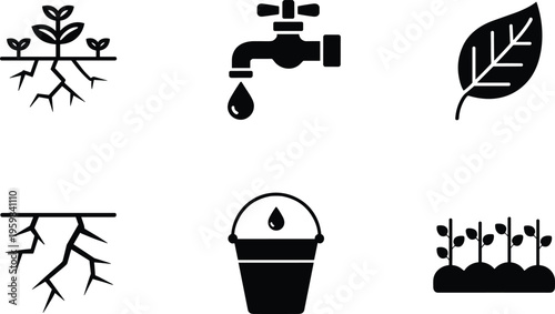 Plant growth irrigation icons, roots leaf water faucet bucket, farming cultivation symbols, black white agriculture design, gardening care illustration art