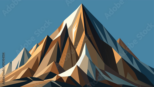 A minimalist graphic illustration of a majestic mountain peak against a solid blue sky background