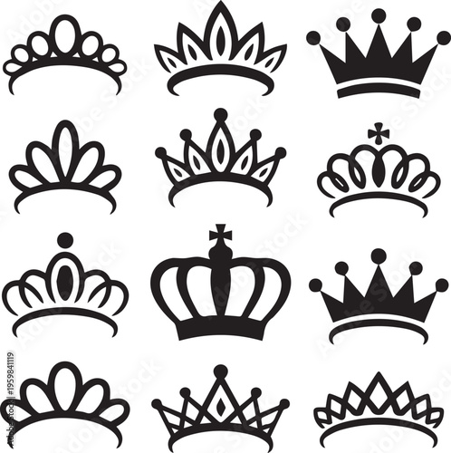 Create kinds Set of different silhouettes of tiaras and crowns. Luxury prince and princess headdresses in doodle style no Background