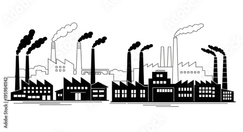 Industrial Landscape - Factories with Chimneys Emitting Smoke, Environmental Pollution Concept.