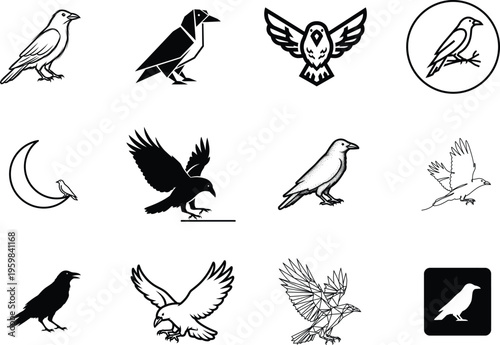 Various black and white bird silhouettes and illustrations on white background