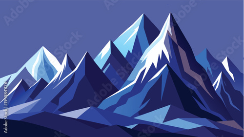 A stylized artistic illustration of a majestic mountain range under a deep blue twilight sky scene