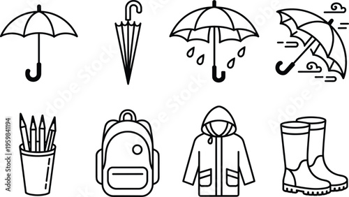 Rainy day icons set, umbrella raincoat boots backpack pencils, school supplies illustration, weather design, education symbol, lifestyle graphic