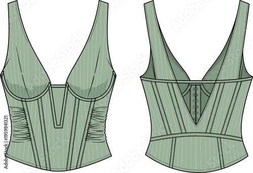 Women V Neck Corset Top Technical Flat Sketch CAD Drawing Vector Illustration Fashion Template Sleeveless Bodice Bustier Lingerie Design Mockup