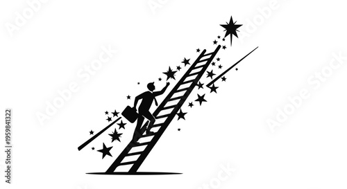 Businessman silhouette climbs a ladder toward a bright star symbolizing ambition and career success against a white background.