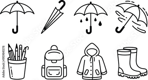 Umbrella rainy day icons, school supplies backpack coat boots, black white design, weather protection illustration, educational seasonal symbol art