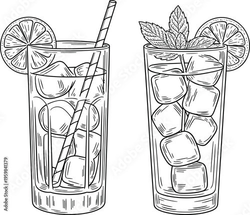 Refreshing beverage illustration, tall glasses with ice cubes, lemon slices, mint leaves, cocktail mocktail sketch, food drink menu design