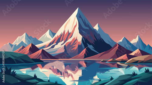 A serene digital illustration of a majestic snow-capped mountain range reflecting on calm water