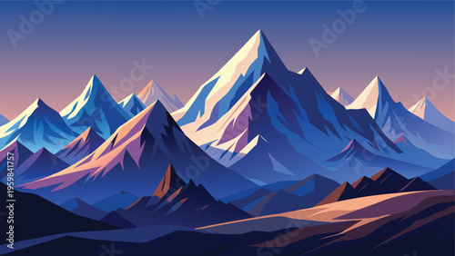 A breathtaking digital illustration of majestic snow capped mountains under a soft twilight sky