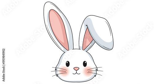 A cute cartoon rabbit face with pink inner ears and rosy cheeks against a pastel background, ideal for Easter celebration decoration