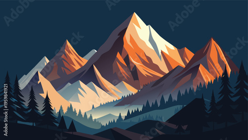 A minimalist vector illustration of jagged mountain peaks illuminated by the warm golden sunset