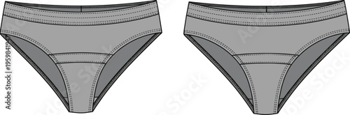 Women Underwear Panties Fashion Flat Sketch, Briefs Technical CAD Drawing, Lingerie Front and Back View Vector Illustration, Apparel Mockup Template, Panty