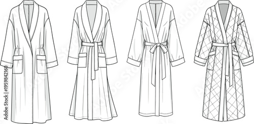 Women Long Bathrobe Technical Flat Sketch Set CAD Drawing Vector Illustration Fashion Template Sleepwear Loungewear Quilted Robe Gown Design Mockup Bundle