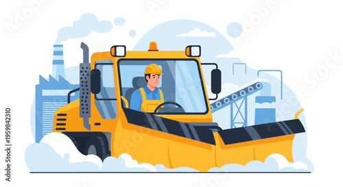 Professional Driver Operating Snowplow Truck, Clearing Snow in an Industrial Zone - Winter Road Maintenance and Heavy Equipment Vector Illustration