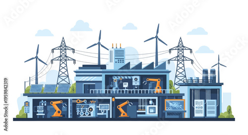 Industry 4.0 Smart Factory with Green Energy Integration: Robotic Automation, Solar Panels, Wind Power, and Power Grid Connectivity