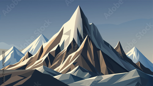 A minimalist vector illustration featuring a majestic snow capped mountain range against a sky.