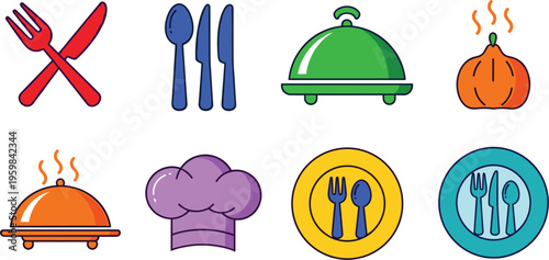  Set of restaurant kitchen icons including cutlery plates cloche chef hat hot food serving dish vector illustration colorful isolated design elements pack