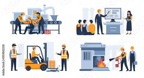 Industrial Workplace Safety and OHS Concepts: Accident Prevention, First Aid, Training, Forklift Operations, and Fire Safety in a Factory Environment.
