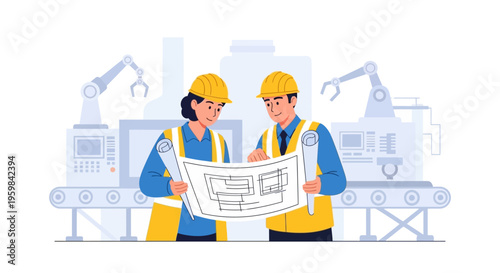 Industrial Engineers Reviewing Blueprints in Automated Factory with Robotic Arms