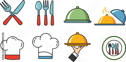  Set of restaurant and kitchen service vector illustrations featuring cutlery chef hats serving trays cloche dishes catering tools and dining symbols collection