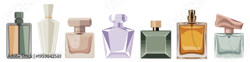 Six perfume bottles display elegant, modern designs. Soft pastel hues reflect luxury and sophistication. Each bottle features unique shapes and glass finishes. Ideal for beauty, fashion