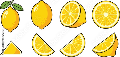  Set of lemon fruit vector illustrations featuring whole lemons slices wedges citrus segments fresh juicy organic ingredient collection isolated on white