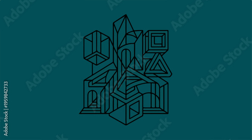 Geometric shapes in dark teal.