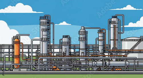 Industrial Plant Illustration - Refinery Complex with Towers and Pipelines.