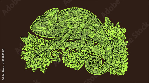Green Chameleon on Leaves.