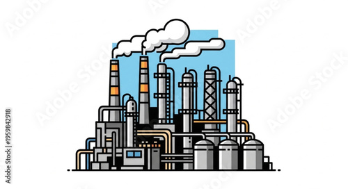 Industrial Plant Illustration - Refinery with Towers and Smoke Stacks.