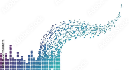 Audio equalizer bars transition into a dynamic upward curve of musical notes representing sound flow and rhythm.