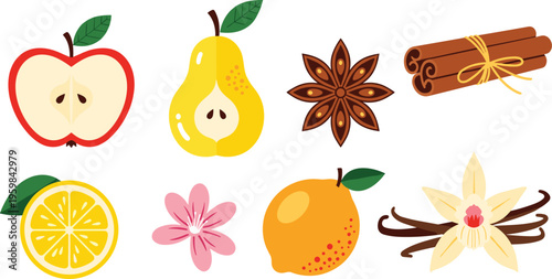  Set of fruits and spices icons including apple pear orange lemon cinnamon star anise vanilla vector illustration colorful food ingredients collection