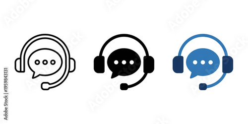 Three variations of customer support icons featuring a headset and a speech bubble with dots inside Vector